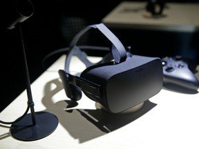 The Oculus Rift virtual reality headset is on display following a news conference  in San Francisco