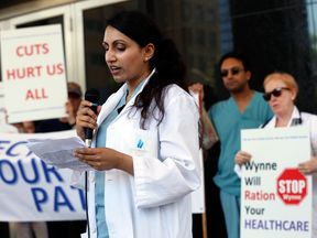 A group of doctors protest closed door negotiations between government and Ontario Medical Association, July 22, 2016.