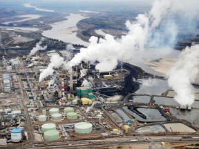 Aerial view of the Suncor oil sands extraction facility near the town of Fort McMurray in Alberta