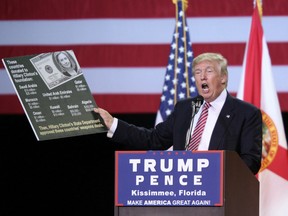 Donald Trump holds up a placard while addressing supporters during a campaign rally.