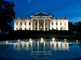 The White House at dusk as illuminated by lights from the North Lawn in Washington.