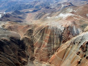 Aerial view of the Pascua-Lama, Barrick Gold, deposit shows the deposit location on the Argentinean side of the Andean frontier looking east from Chile into Argentina.