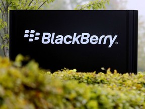 A logo stands on display outside the BlackBerry Ltd. headquarters in Slough, U.K.