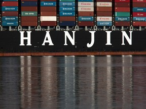 The Hanjin Greece container ship is docked for unloading at the Port of Long Beach after being stranded at sea for more than a week for fear that it could be seized by creditors if it came to shore on September 10, 2016 in Long Beach, California. A Hanjin Shipping spokesman said a US court had issued an order allowing it to unload some cargo without fear of creditors seizing its ships. As of late September 9, 92 of 141 ships being operated by the world's seventh largest shipping firm were stranded at sea.