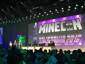 Saxs Persson, seen on stage here at MineCon 2016 in Anaheim, California, during a Minecraft VR panel (he's fourth from the left, in black) heads up the Pocket and Windows 10 editions of Microsoft and Mojang's incredibly popular world creation game.