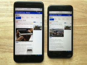 The iPhone 7 Plus (left) and the iPhone 7 (right) displaying the Financial Post website.
