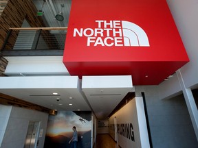 The North Face Inc. signage is displayed inside the company's headquarters in Alameda, California.