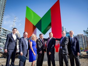 Just announced M City will be future site of 10 new buildings in Mississauga (left to right): Councillor John Kovac, Ward 4; Councillor Nando Iannicca, Ward 7; Mayor Bonnie Crombie, City of Mississauga; Edward Rogers, Deputy Chairman, Rogers Communications Inc.; Edward Sajecki, Commissioner of Plannning for the City of Mississauga; Mark Reeve, Partner Urban Capital; Donald Clinton, Partner Cooper Robertson.