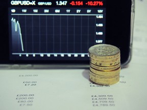 Pound coins with the decreasing graph of UK currency