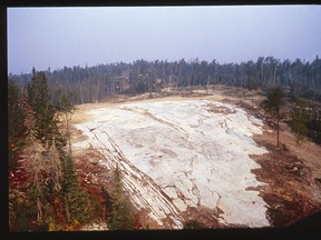 The Separation Rapids Lithium deposit as it looked in 1998 after it was cleared off for detailed mapping and sampling.