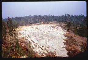 The Separation Rapids Lithium deposit as it looked in 1998 after it was cleared off for detailed mapping and sampling.