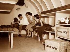 A H-Bomb shelter in the 1950s American Cold War: Today underground bunkers with hazardous materials suits are back in vogue.