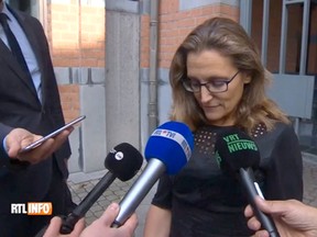 Trade minister Chrystia Freeland is interviewed by Belgian media after walking out of talks with Wallonia’s prime minister.