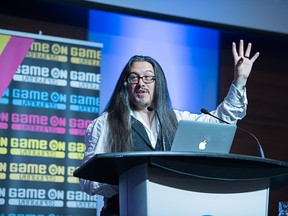 Game designer John Romero delivering a keynote speech at GameON in Toronto, October 20, 2016.