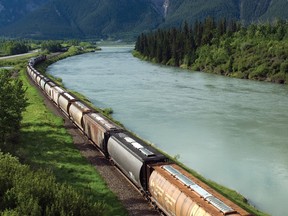 A rail grain train in British Columbia.