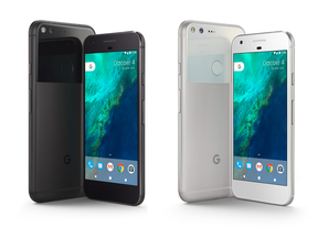 Google's new Pixel phone in Quite Black (left) and Very Silver (right), with both 5-inch and 5.5-inch screen sizes.