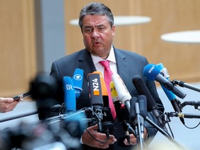 German Vice Chancellor, Economy and Energy Minister Sigmar Gabriel gives a statement on a decision of the country's Constitutional Court on the approval of the planned EU-Canada free trade deal, on Thursday in Berlin.