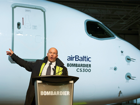 Bombardier CEO Alain Bellemare speaks during a ceremony to mark the first delivery of Bombardier's CS300 to Air Baltic in Mirabel, Que.