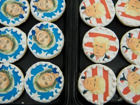 Donald Trump and Hillary Clinton cookies are on sale at the Oakmont Bakery on November 8, 2016 in Oakmont, Pennsylvania.  Trump leads the cookie-purchase tally with 63% of the purchases, with a total of 2609 Trump cookies and 1512 Hillary cookies sold as of election day as Americans go to the polls to decide on their next president.