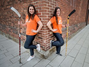 Oneiric co-founders Kayla Nezon, left, and Emily Rudow  sport their hockey pants for young players, that they pitched on Dragons' Den.
