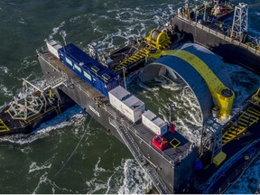 In this early November photo, the 1000 tonne turbine can be seen in the deployment barge Scotia Tide, just before being lowered to the seafloor.