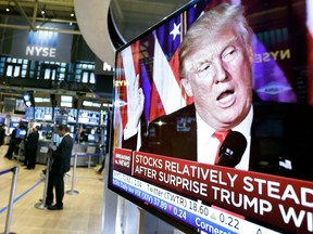 Donald Trump appears on a television screen on the floor of the New York Stock Exchange
