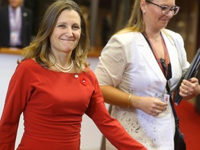 Canadian Minister of International Trade Chrystia Freeland arrives for the EU-Canada summit meeting on October 30, 2016 at the European Union headquarters in Brussels.