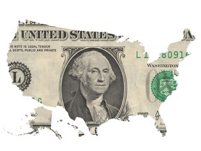Map of USA covered with one dollar bill