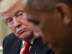 U.S. President Barack Obama speaks while meeting with President-elect Donald Trump in the Oval Office on Thursday.