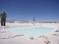 A salt mining evaporation pond on the Pastos Grande salar being developed by Millennial Lithium Corp.
