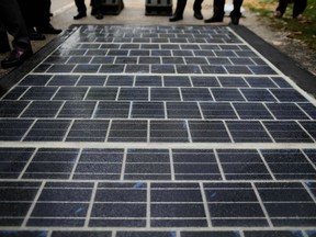 Photovoltaic panels during the launch of the work for the construction of the first solar road in Tourouvre, northwestern France.