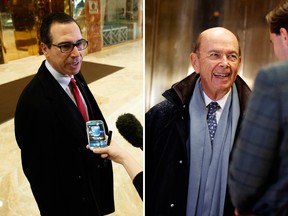 Steven Mnuchin, left, says he's Donald Trump's nominee for Treasury Secretary and Wilbur Ross, right, says he's going to be nominated as Commerce secretary