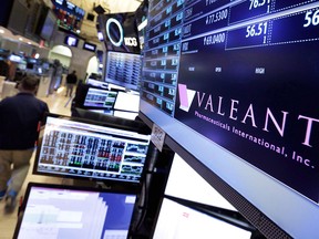 A trading post on the floor of the New York Stock Exchange displays the Valeant Pharmaceuticals logo.