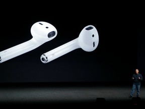 Phil Schiller, Apple's senior vice president of worldwide marketing, talks about AirPods during the iPhone 7 event in San Francisco.