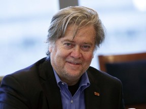 Steve Bannon, former head of Breitbart News and campaign CEO for Republican presidential candidate Donald Trump, appears at a national security meeting with advisors at Trump Tower in New York.