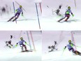 This combination of pictures created on December 23, 2015 with screen capture images shows a TV broadcast drone crashing behind Austria's downhill skier Marel Hirscher during the FIS Alpine Skiing World Cup Men's Slalom in Madonna di Campiglio, northern Italy. 
Austria's Marcel Hirscher narrowly avoided serious injury.