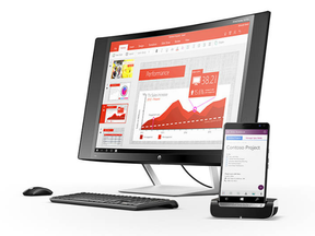 The HP Elite x3 docked to work with a desktop computer.