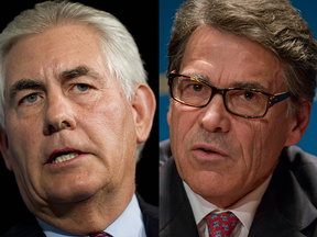 Rex Tillerson, left, and Rick Perry, Trump's new energy secretary.
