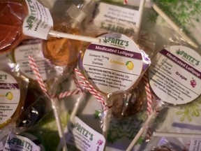 THC infused lollipops are displayed on a stall at a 'Green Market' pop-up event in Toronto
