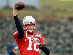 New England Patriots quarterback Tom Brady passes the ball during an NFL football team practice, Thursday in Foxborough, Mass. The Patriots are to play the Atlanta Falcons in Super Bowl LI.