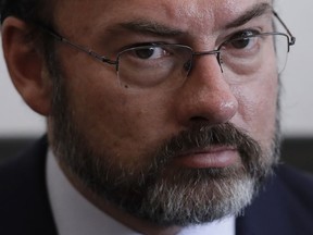 Mexico's Foreign Relations Secretary Luis Videgaray speaks to the press after meeting with Mexican senators in preparation for a trip to the U.S., where he will participate in talks with members of President Donald Trump's government, in Mexico City, Tuesday, Jan. 24, 2017. Economy Secretary Ildefonso Guajardo said Tuesday Mexico could leave the North American Free Trade Agreement if talks on re-negotiating it are unsatisfactory.(AP Photo/Rebecca Blackwell)