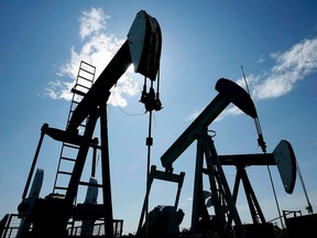 Pumpjacks at work pumping crude oil near Halkirk, Alta.