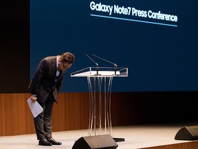 Koh Dong-jin, president of mobile communications at Samsung Electronics Co., bows during a news conference in Seoul, South Korea, on Monday, Jan. 23, 2017.