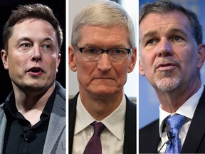 Tesla CEO Elon Musk, left, Apple CEO Tim Cook and Netflix Reed Hastings were among tech leaders to speak out against the new immigration ban.