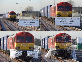A freight train transporting containers laden with goods from China, arrives at DB Cargo's London Eurohub rail freight depot in Barking, east London on January 18, 2017, after travelling from Yiwu in the eastern Chinese province of Zhejiang