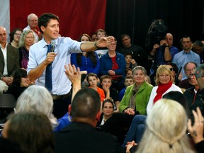 Prime Minister Justin Trudeau spoke to a packed banquet hall in Peterborough, Ont. at a town hall meeting.