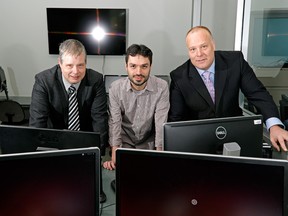 PFM Scheduling Services team, from left: CEO Maurice Sevigny, research developer Amin Jorati and COO Jason Harder, at the University of Alberta.