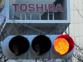 This picture taken on February 16, 2017 shows the Toshiba Corporation logo at the company's headquarters in Tokyo.