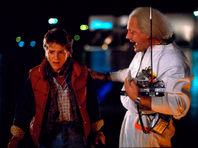Michael J. Fox, left, as Marty McFly, and Christopher Lloyd as Dr. Emmett Brown, in a scene from the 1985 film, "Back to the Future."