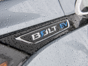 The badge for a General Motors Co. (GM) Chevrolet brand Bolt EV electric vehicle